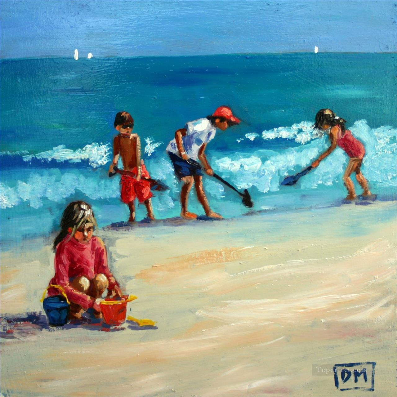 kids digging sands on beach Oil Paintings